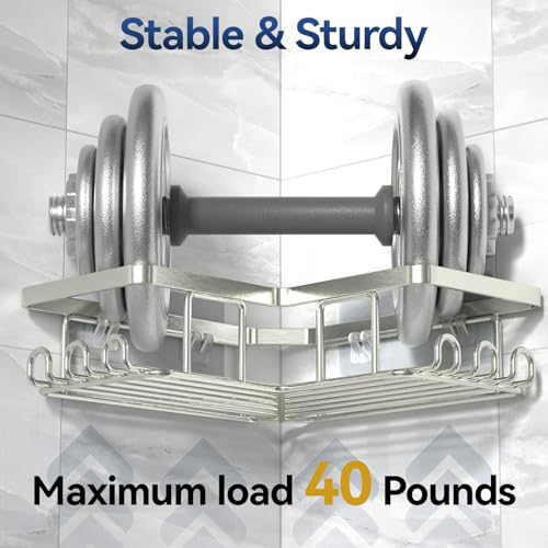 YASONIC Corner Shower Caddy 3Pack Adhesive Shower Caddy with Soap Holder and 12 Hooks Rustproof Stainless Steel Bathroom Organizer No Drilling Wall Mounted Shower Rack Nickel - Image 3