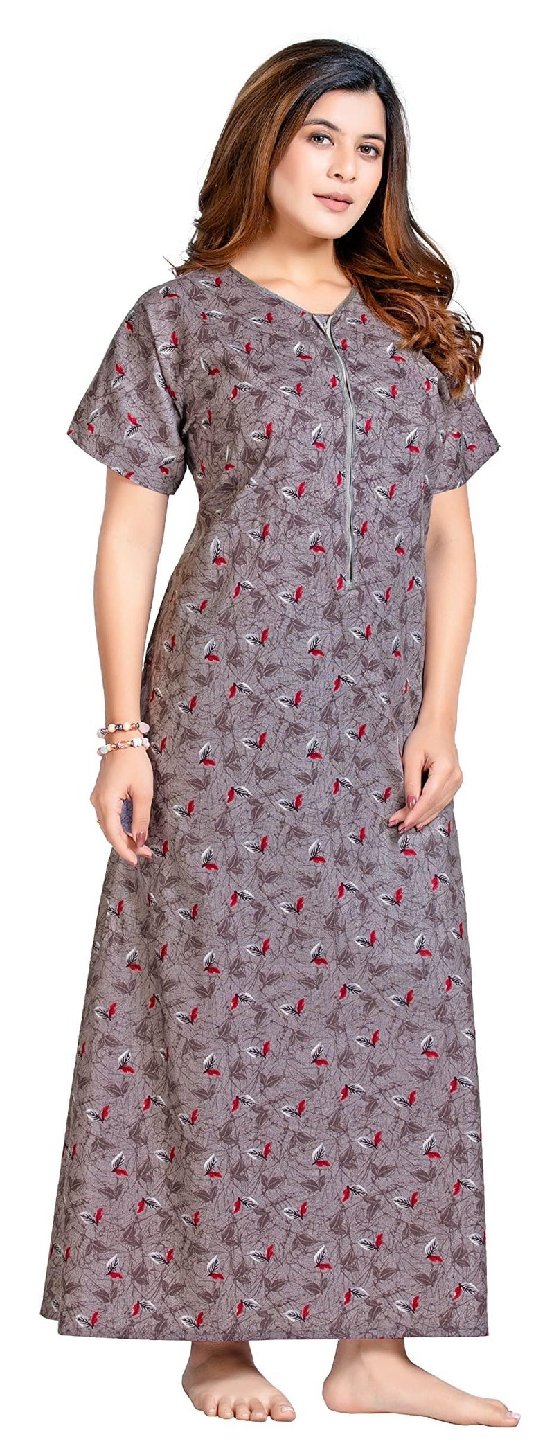 YOZLY Women Pure Cotton Ankle Length Night Gown with Pocket, Grey - Image 3