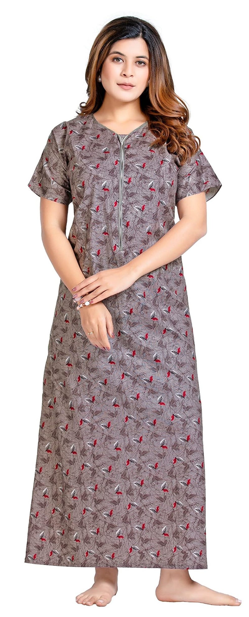YOZLY Women Pure Cotton Ankle Length Night Gown with Pocket, Grey - Image 1