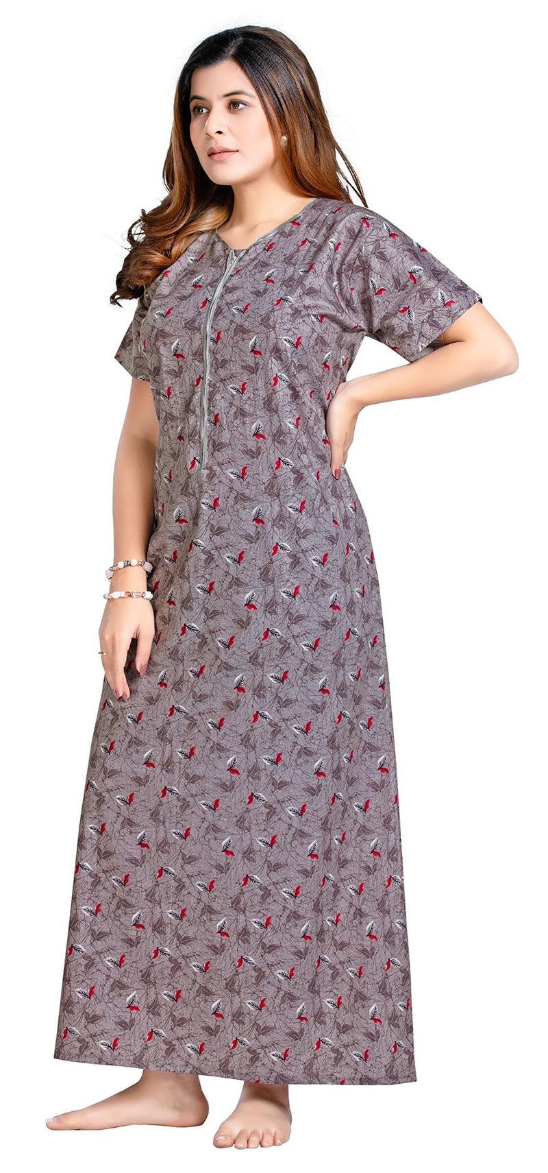 YOZLY Women Pure Cotton Ankle Length Night Gown with Pocket, Grey - Image 4