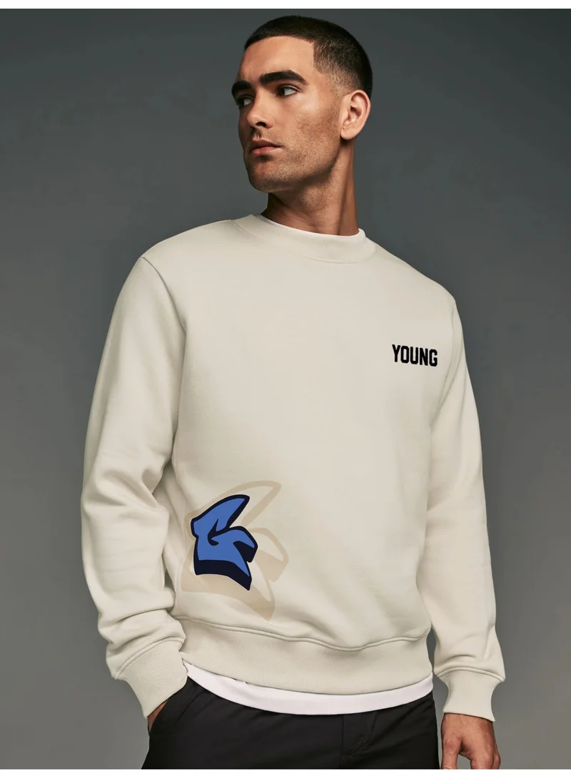 مانياك سويت شيرت رجالي مانياك بطبعة دائرية وأكمام كاملة، قطن فليس، مقاس كبير، كريمي وأزرق