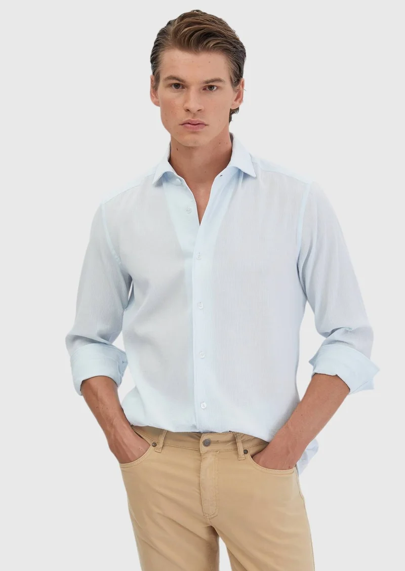 RAMSEY Light Blue Plain Casual Fit Long Weaving Casual 100% Cotton Shirt