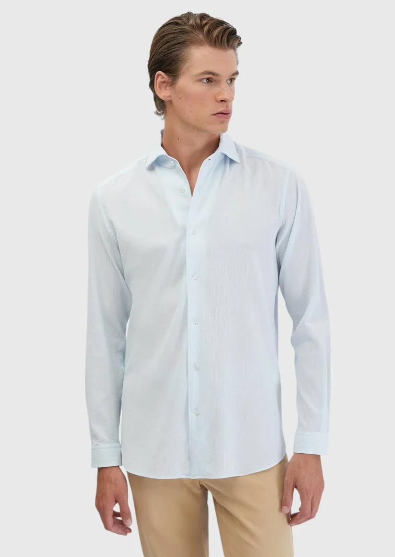 RAMSEY Light Blue Plain Casual Fit Long Weaving Casual 100% Cotton Shirt