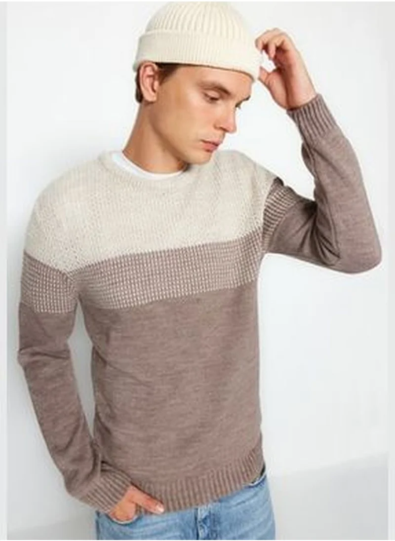 trendyol Beige Men's Slim Fit Crew Neck Blocky Sweater TMNAW21KZ0543