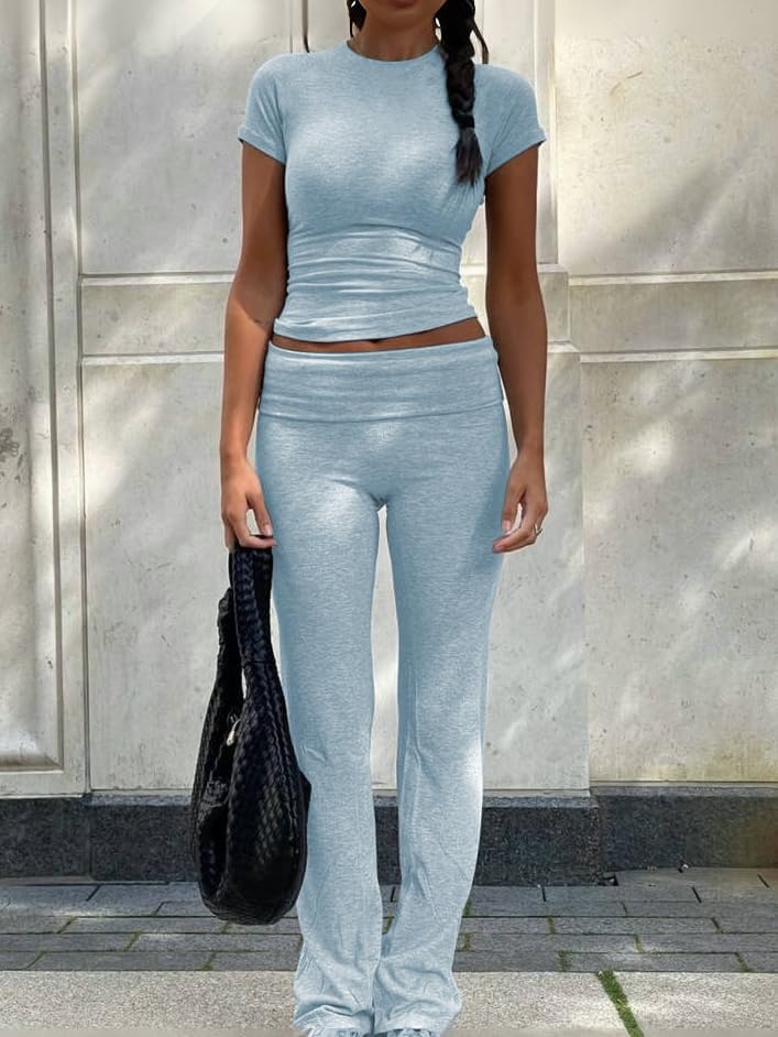ZFLM Casual Workout Two Piece Outfits for Women Short Sleeve Crop High Waist Foldover Flare Pants Tracksuit Sets Streetwear - Image 3