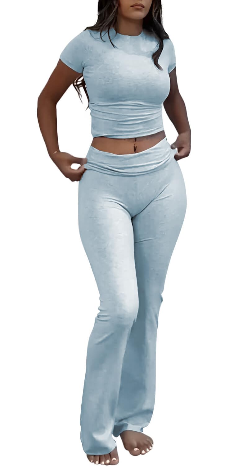ZFLM Casual Workout Two Piece Outfits for Women Short Sleeve Crop High Waist Foldover Flare Pants Tracksuit Sets Streetwear - Image 1