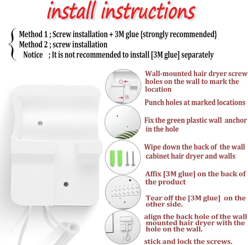 GMDQ Hotel Wall Mounted Hair Dryer for Bathroom,Restroom Professional Blow Dryer,with Stand Rack,Specialised Motor for Salon,Fast Drying - Gifts【Massage air Cushion Comb,Screws+3M Adhesive】 White - Image 2