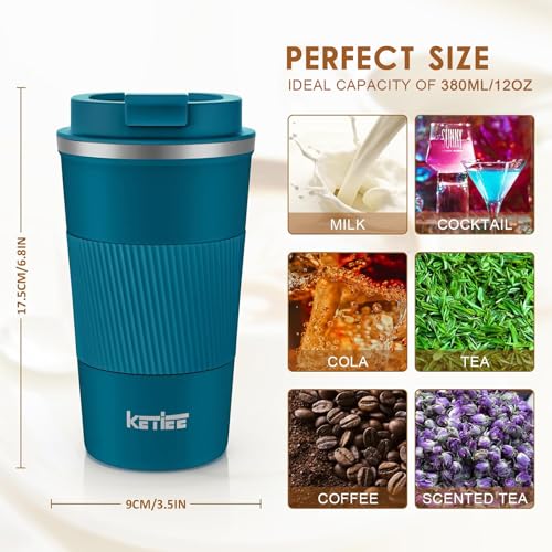 KETIEE Travel Coffee Mug 12oz: Insulated Coffee Cup with Leakproof Lid, Coffee Tumbler, Reusable Coffee Cups with Seal Lid, Vacuum Stainless Steel Coffee Mug to Go for Hot/Ice Coffee Tea (Blue) - Image 3