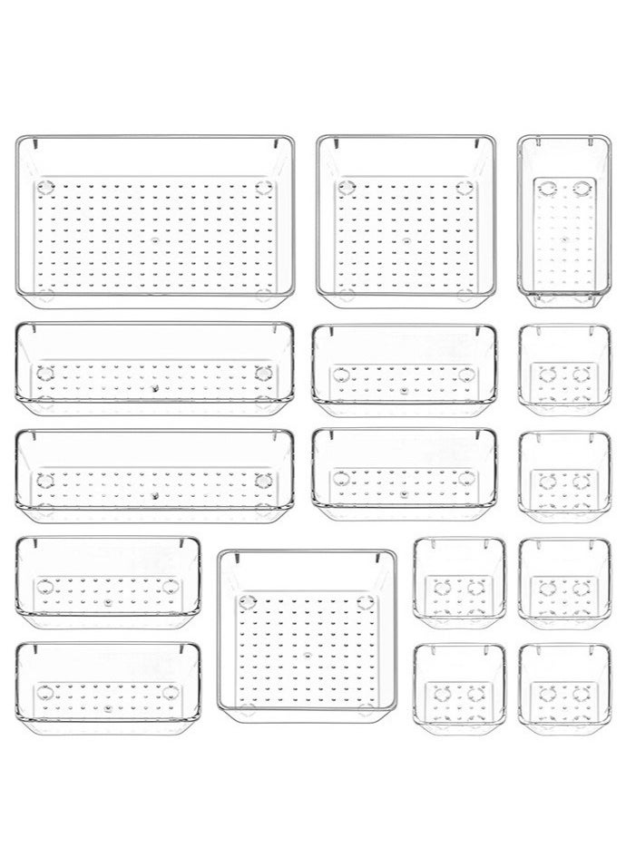 Arabest 16 Pcs Desk Drawer Organizers Trays Set Clear Plastic Storage Bins Bathroom Drawer Tray Dividers Vanity Trays Organizer for Bedroom Dresser Makeup Kitchen Utensil Office  - Image 1