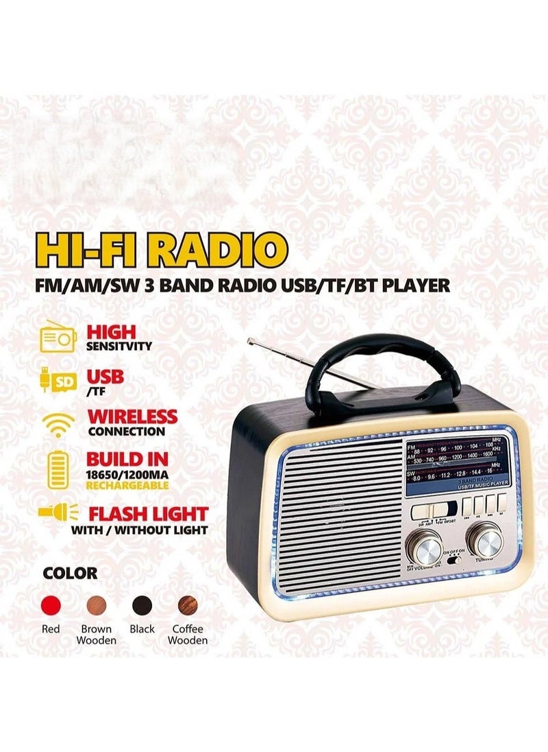 Denx Radio FM - AM - SW Brown wood Bluetooth Portable Audio TF Card  USB Flash disk Aux playback  - Image 5