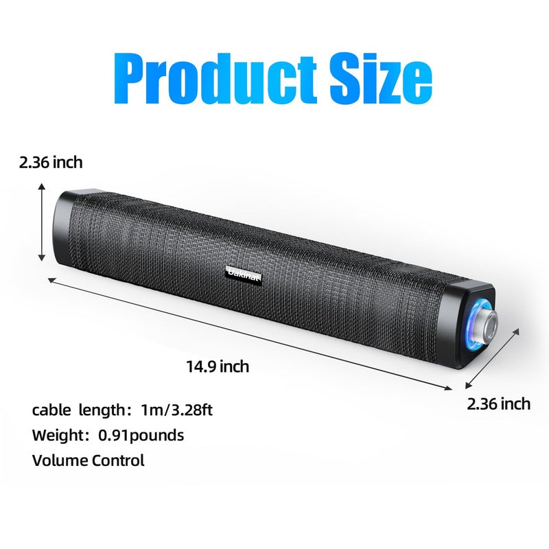 Uakinat USB Computer Speakers,Computer Speakers with 3.5 mm aux,Wired USB Powered & Colorful LED Lights with Switch Button,Surround Sound Portable SoundBar for Monitor Laptop Phone(Black) - Image 2