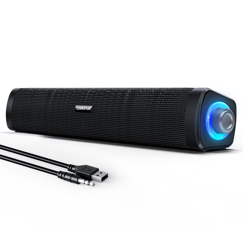 Uakinat USB Computer Speakers,Computer Speakers with 3.5 mm aux,Wired USB Powered & Colorful LED Lights with Switch Button,Surround Sound Portable SoundBar for Monitor Laptop Phone(Black) - Image 1