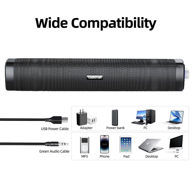 Uakinat USB Computer Speakers,Computer Speakers with 3.5 mm aux,Wired USB Powered & Colorful LED Lights with Switch Button,Surround Sound Portable SoundBar for Monitor Laptop Phone(Black) - Image 5