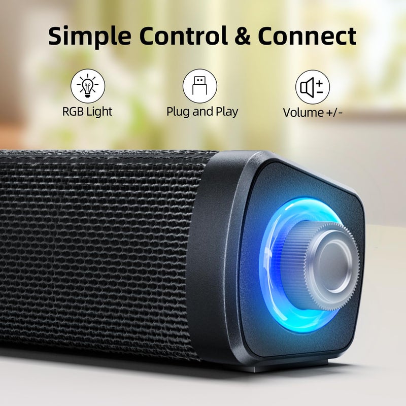 Uakinat USB Computer Speakers,Computer Speakers with 3.5 mm aux,Wired USB Powered & Colorful LED Lights with Switch Button,Surround Sound Portable SoundBar for Monitor Laptop Phone(Black) - Image 3