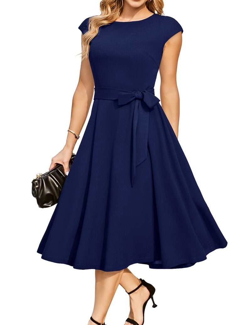 DRESSTELLS Women's Cocktail Dresses for Wedding Guest, Formal Church Modest Funeral Fit Flare Vintage Tea Party 50s Swing Hepburn Dress Navy Blue XL - Image 1