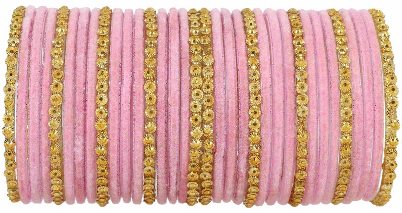 NMII Stylish Glass & Golden Beads Velvet Bangle Set For Women and Girls | Fancy Women's Bangles | Traditional Chudi Set, (F133_Guddan-(3)-Pink-2.8 Inches) - Image 1
