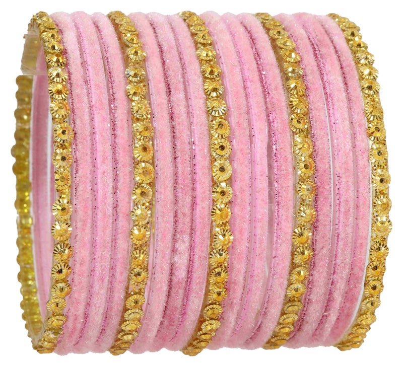 NMII Stylish Glass & Golden Beads Velvet Bangle Set For Women and Girls | Fancy Women's Bangles | Traditional Chudi Set, (F133_Guddan-(3)-Pink-2.8 Inches) - Image 3