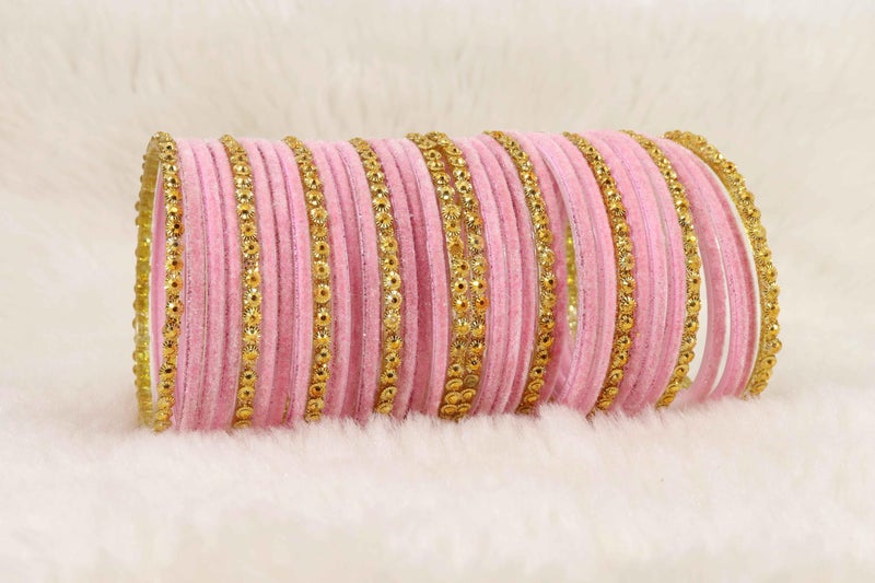 NMII Stylish Glass & Golden Beads Velvet Bangle Set For Women and Girls | Fancy Women's Bangles | Traditional Chudi Set, (F133_Guddan-(3)-Pink-2.8 Inches) - Image 2