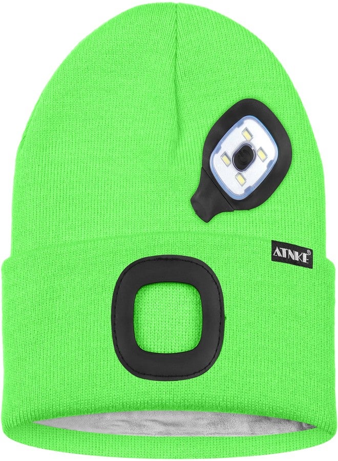 ATNKE Kids LED Lighted Beanie Hat, USB Rechargeable 4 LED Running Headlamp Lined Fleece Cap Gifts for Boys and Girls/#Fluorescent Green - Image 3