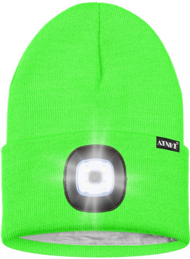 ATNKE Kids LED Lighted Beanie Hat, USB Rechargeable 4 LED Running Headlamp Lined Fleece Cap Gifts for Boys and Girls/#Fluorescent Green - Image 2