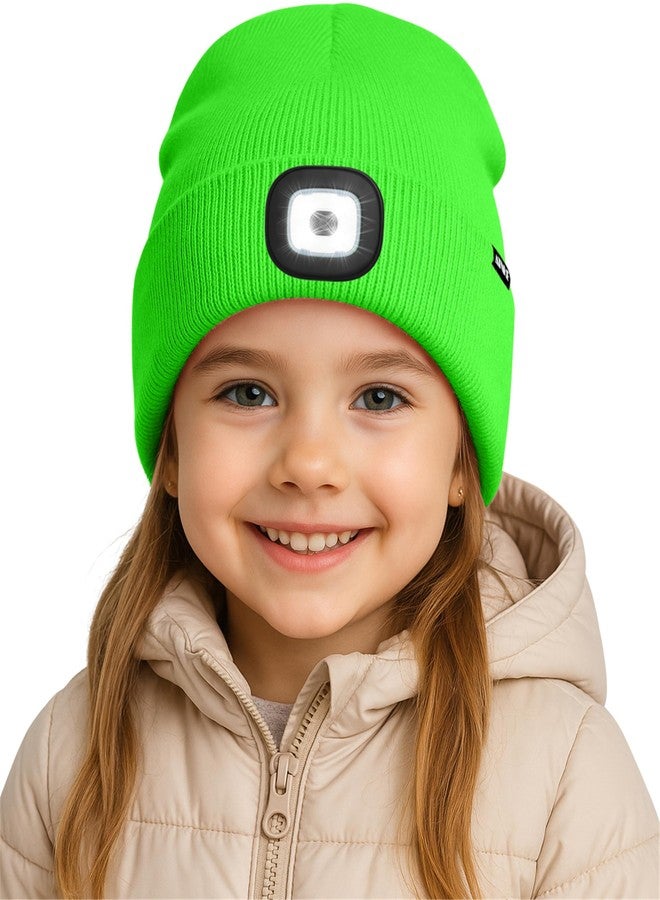 ATNKE Kids LED Lighted Beanie Hat, USB Rechargeable 4 LED Running Headlamp Lined Fleece Cap Gifts for Boys and Girls/#Fluorescent Green - Image 1