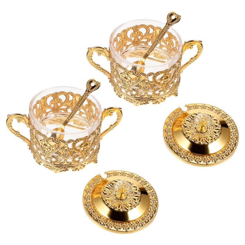 PRETYZOOM 2pcs Sugar Bowl with Lid and Spoon Turkish Sugar Container Coffee Storage Jar Glass Condiment Pot Golden Embossed Saltbox Candy Holders Kitchen Food Canister