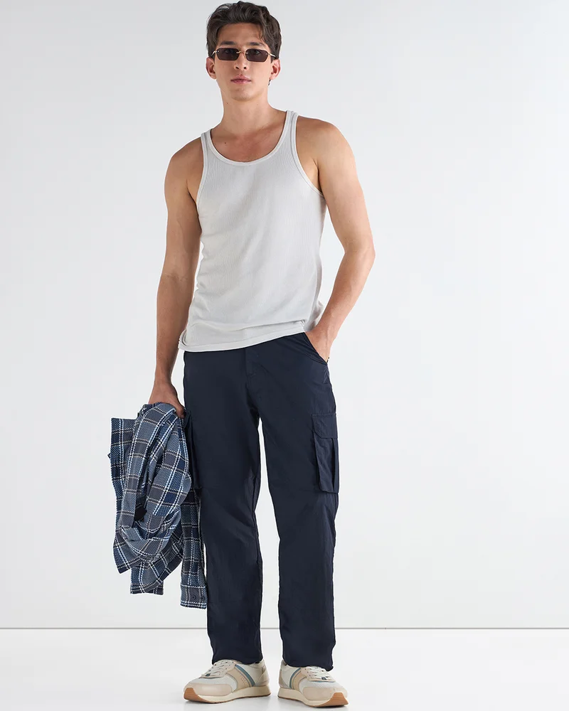 Bewakoof  Men's Navy Blue Cargo Nylon Parachute Pants for Men | Best Price UAE