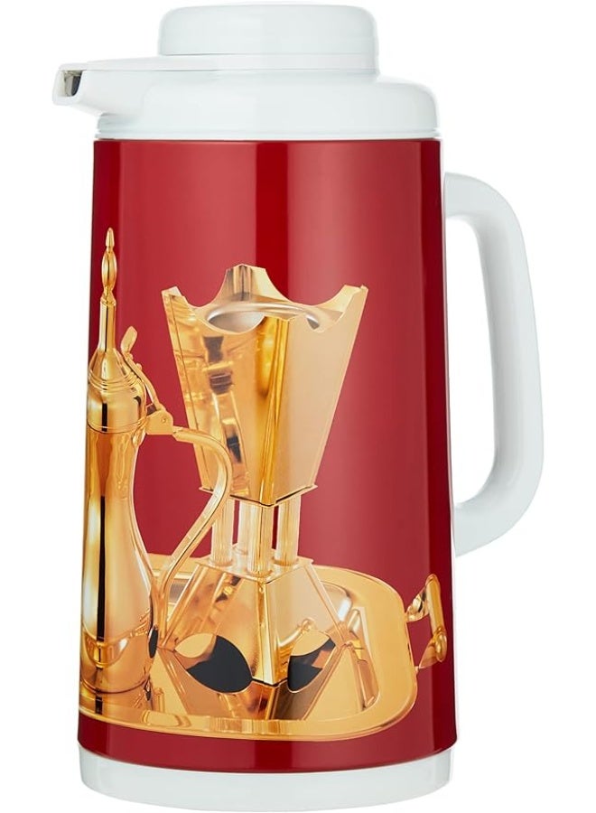 Peacock 1L Stainless Steel Vacuum Flask – Arabic Coffee Design, Double Wall Thermal Jug for Hot & Cold Drinks, Leak-Proof & Durable (Red/Gold) - Image 1