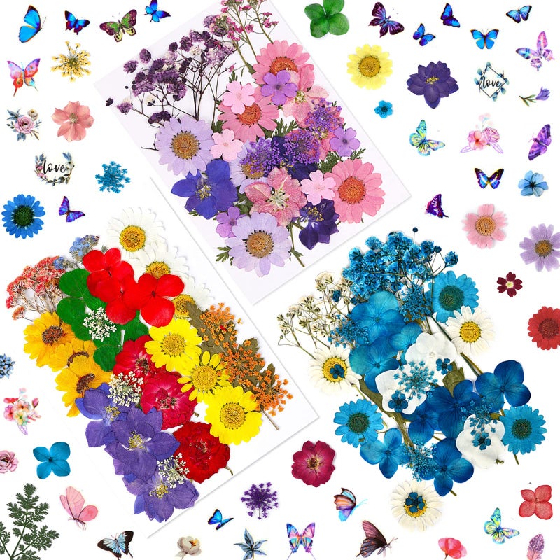 LUCISKY LUCISKY 151 Pcs Pressed Dried Flowers for Resin and Nails Natural Real Flowers Leaves and Butterfly Stickers for Scrapbooking DIY Art Crafts 