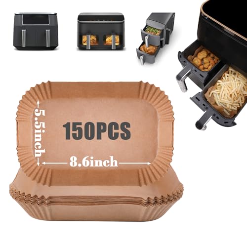 GOAUS Air Fryer 150 Pcs Rectangular Paper Liners Disposable for Dual Air Fryer 2 Baskets 8 to 10 Qt 86x55 inches Parchment Paper Rectangle Fit Ninja DZ201 DZ401 SL401