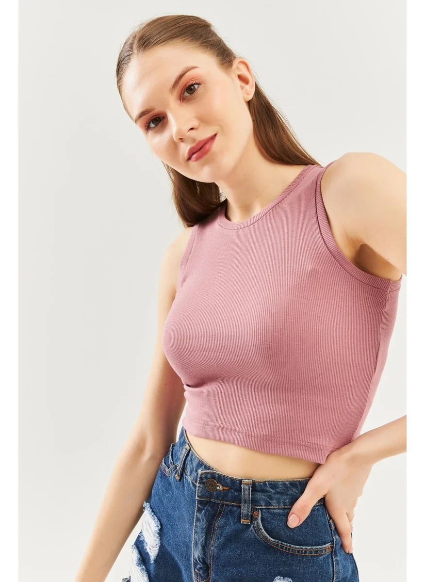 Butikgiz Gül Kurusu Sıfır Kol Bisiklet Yaka Vucuda Oturan %100 Pamuklu Kaşkorse Esnek Crop Bluz