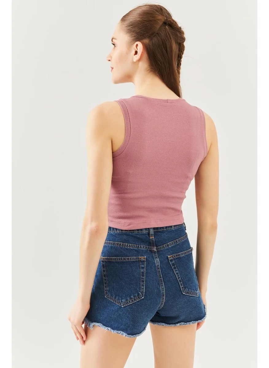 Butikgiz Gül Kurusu Sıfır Kol Bisiklet Yaka Vucuda Oturan %100 Pamuklu Kaşkorse Esnek Crop Bluz
