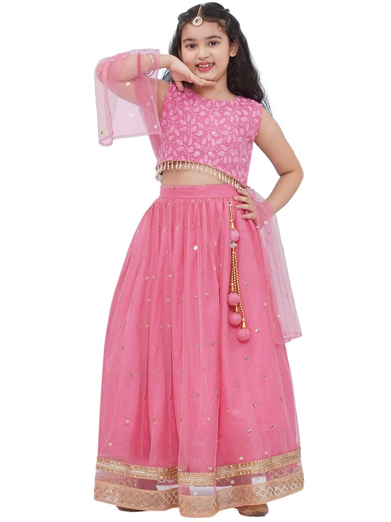 AJ DEZINES Kids Ethnic Wear Schiffli Sequence Pink Lehenga Choli for Girls With Dupatta (G-LH-15-PINK-28) - Image 1