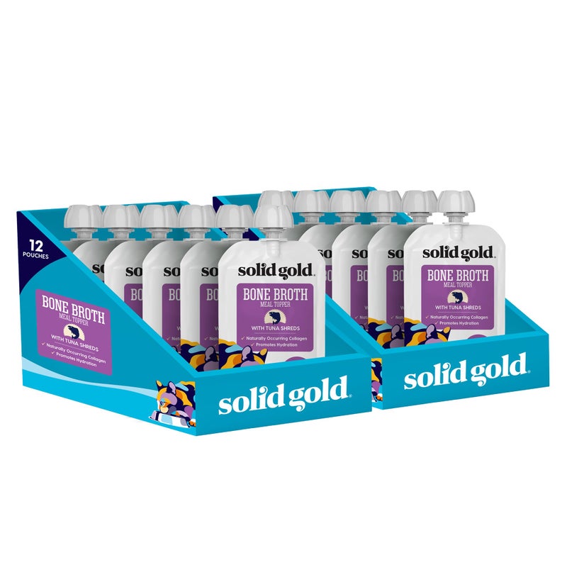 Solid Gold Bone Broth Cat Food Topper - Limited Ingredient Lickable Cat Broth Pouches w/Tuna Protein Shreds & Collagen for Hydration & Gut Support - Easy to Serve Gravy for Cats Meal Topper - 12ct - Image 1