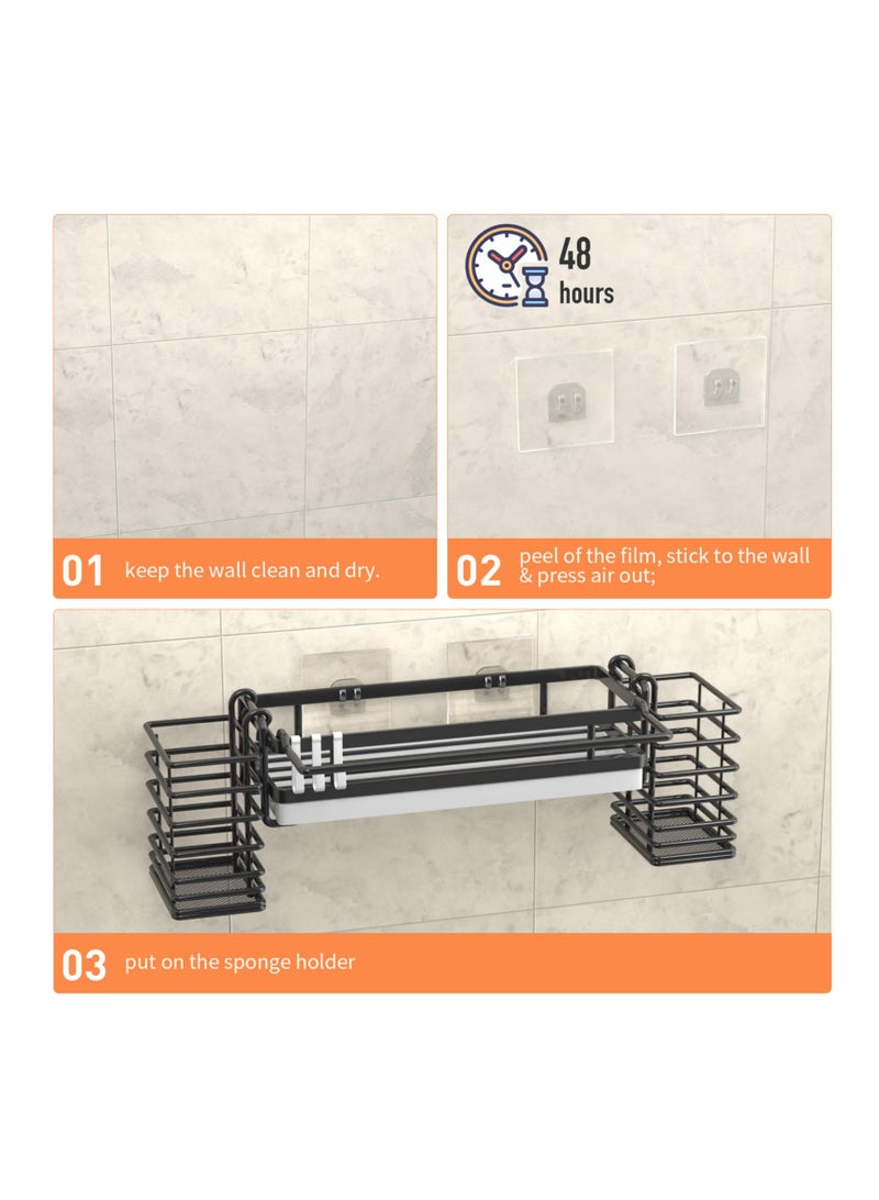 SYOSI حامل إسفنجة لحوض المطبخ، حاملة حوض المطبخ مع 2 حامل فرشاة عالٍ قابل للإزالة، منظم حوض مطبخ مقاوم للصدأ لخرقة الصحون، الفرش، المنظفات والصابون أسود (أسود) - Image 1