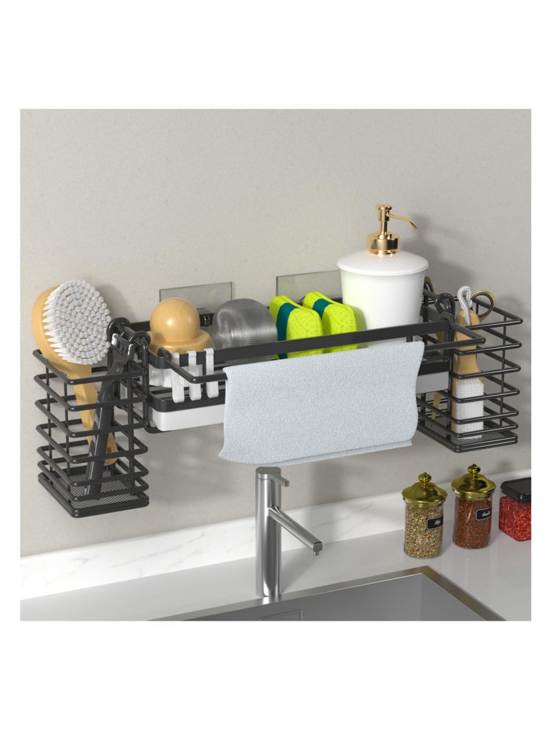 SYOSI حامل إسفنجة لحوض المطبخ، حاملة حوض المطبخ مع 2 حامل فرشاة عالٍ قابل للإزالة، منظم حوض مطبخ مقاوم للصدأ لخرقة الصحون، الفرش، المنظفات والصابون أسود (أسود) - Image 2