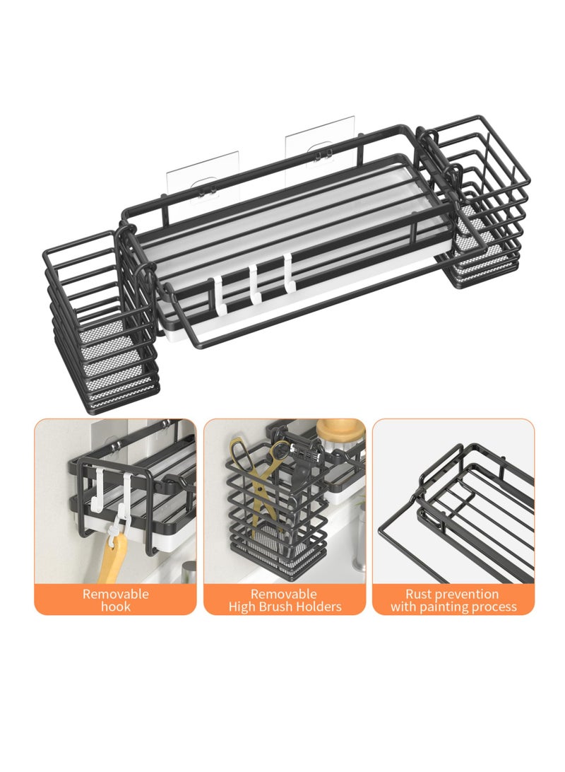 SYOSI حامل إسفنجة لحوض المطبخ، حاملة حوض المطبخ مع 2 حامل فرشاة عالٍ قابل للإزالة، منظم حوض مطبخ مقاوم للصدأ لخرقة الصحون، الفرش، المنظفات والصابون أسود (أسود) - Image 4