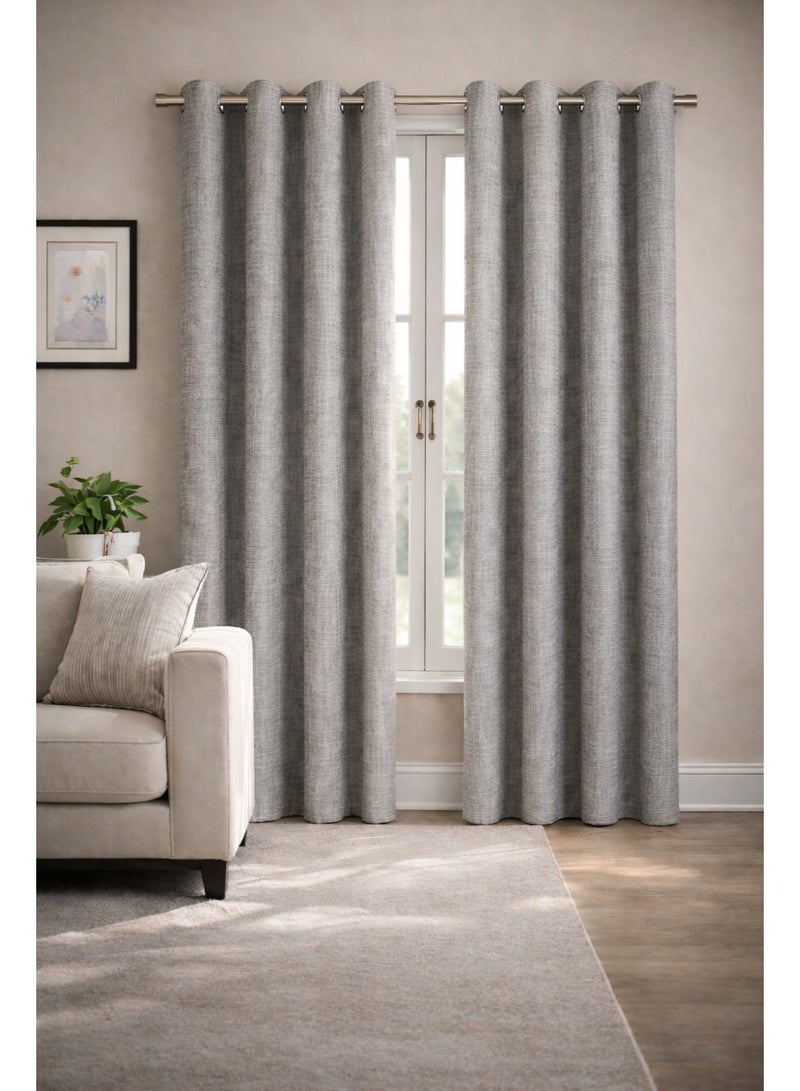 Grey Textured Linen Look Eyelet Curtain Set of 2 Panels with Accessories, Single Layer Light Filtering Window Drapes for Living Room Bedroom Office Home Decor Various Sizes