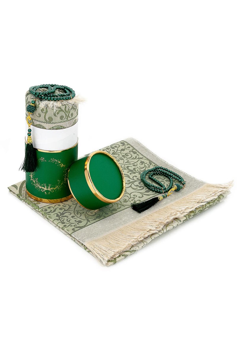 İhvan Online Muslim Prayer Mat and Prayer Beads with Elegant Cylinder Gift Box  Janamaz  Sajadah  Soft Islamic Prayer Mat  Islamic Gift Set  Green Taffeta Prayer Mat