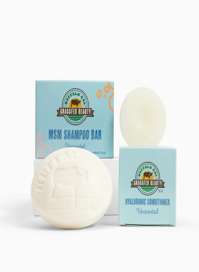 Buffalo Gal Grassfed Beauty - MSM Shampoo Bar + Hyaluronic Hair Conditioner Bar, Solid Bar Shampoo and Conditioner for Hair Growth, Non-Soap, For All Hair Types, Unscented, Set of 2 - Image 1