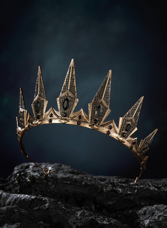 SWEETV Gothic Crowns for Women Black Tiara Queen Crown Witch Hair Accessories for Costume Halloween Prom Party, Gold - Image 4