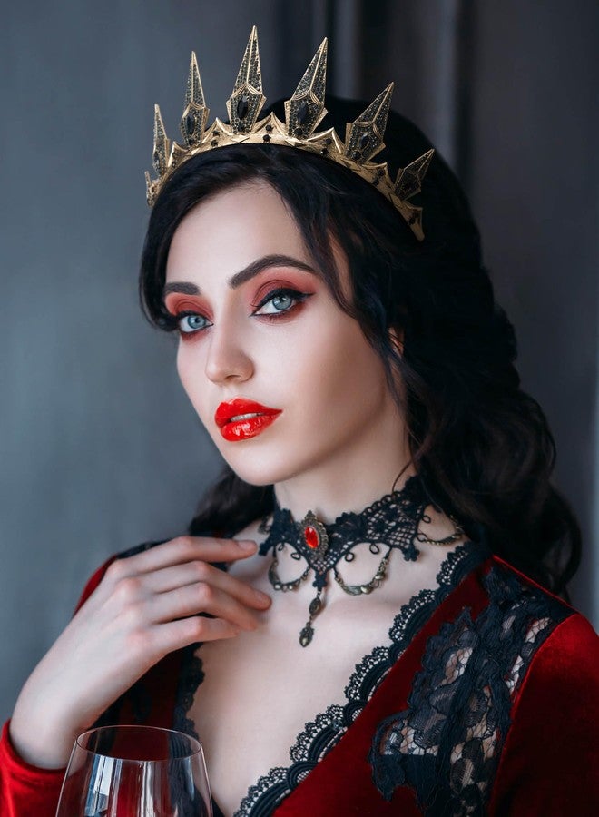 SWEETV Gothic Crowns for Women Black Tiara Queen Crown Witch Hair Accessories for Costume Halloween Prom Party, Gold - Image 3