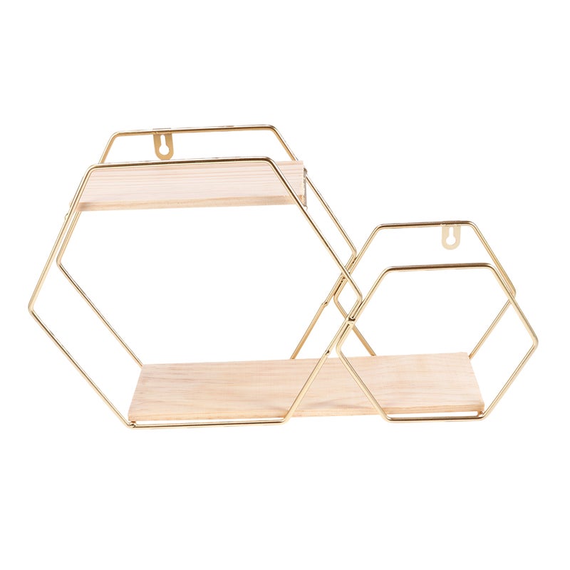 2pcs Nordic Style Storage Rack Dual Hexagonal Connecting Storage Shelf Wrought Iron Wall Shelf Bedroom Living Room Wall Hanging Ornament Finishing Rack (Golden) - Image 2