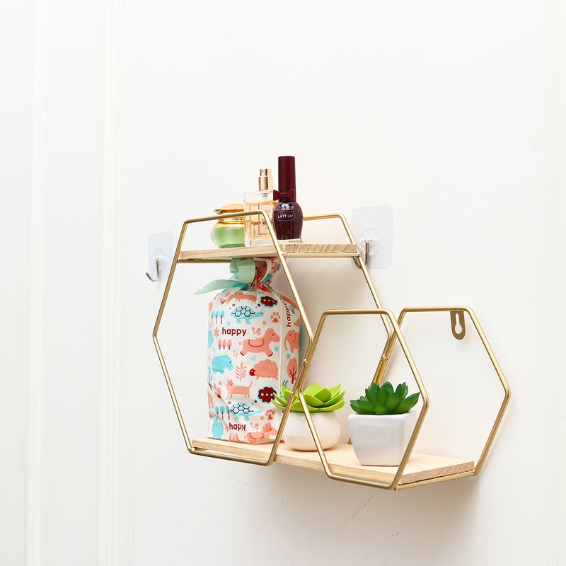 2pcs Nordic Style Storage Rack Dual Hexagonal Connecting Storage Shelf Wrought Iron Wall Shelf Bedroom Living Room Wall Hanging Ornament Finishing Rack (Golden) - Image 5