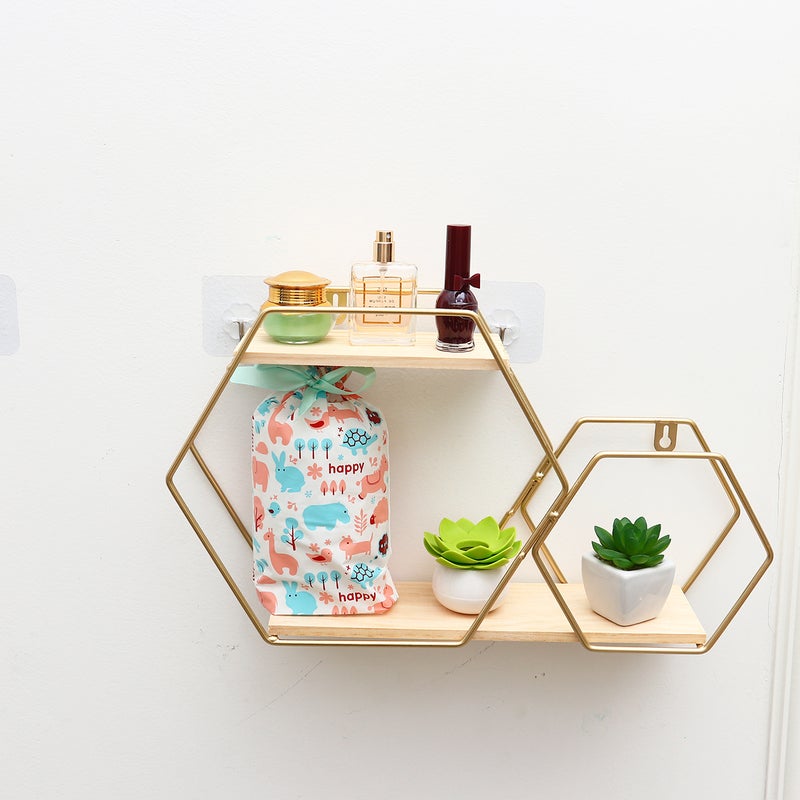2pcs Nordic Style Storage Rack Dual Hexagonal Connecting Storage Shelf Wrought Iron Wall Shelf Bedroom Living Room Wall Hanging Ornament Finishing Rack (Golden) - Image 1