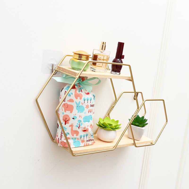 2pcs Nordic Style Storage Rack Dual Hexagonal Connecting Storage Shelf Wrought Iron Wall Shelf Bedroom Living Room Wall Hanging Ornament Finishing Rack (Golden) - Image 4