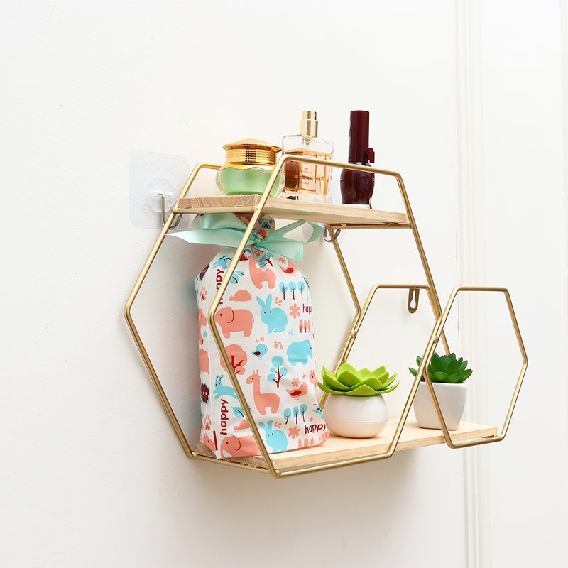 2pcs Nordic Style Storage Rack Dual Hexagonal Connecting Storage Shelf Wrought Iron Wall Shelf Bedroom Living Room Wall Hanging Ornament Finishing Rack (Golden) - Image 3
