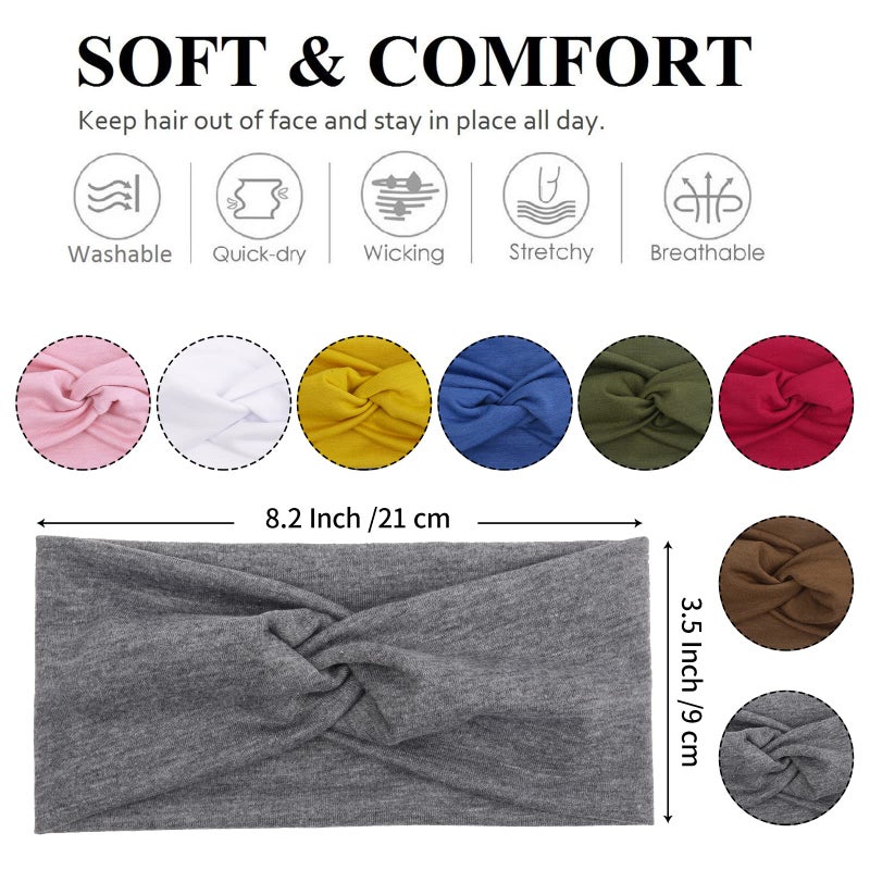 Tobeffect Headbands for Women Non Slip Turban Headband Boho Wide Head Band Womens Hair Wraps Accessories for Teen Girls 8 Pack Solid Colors - Image 2