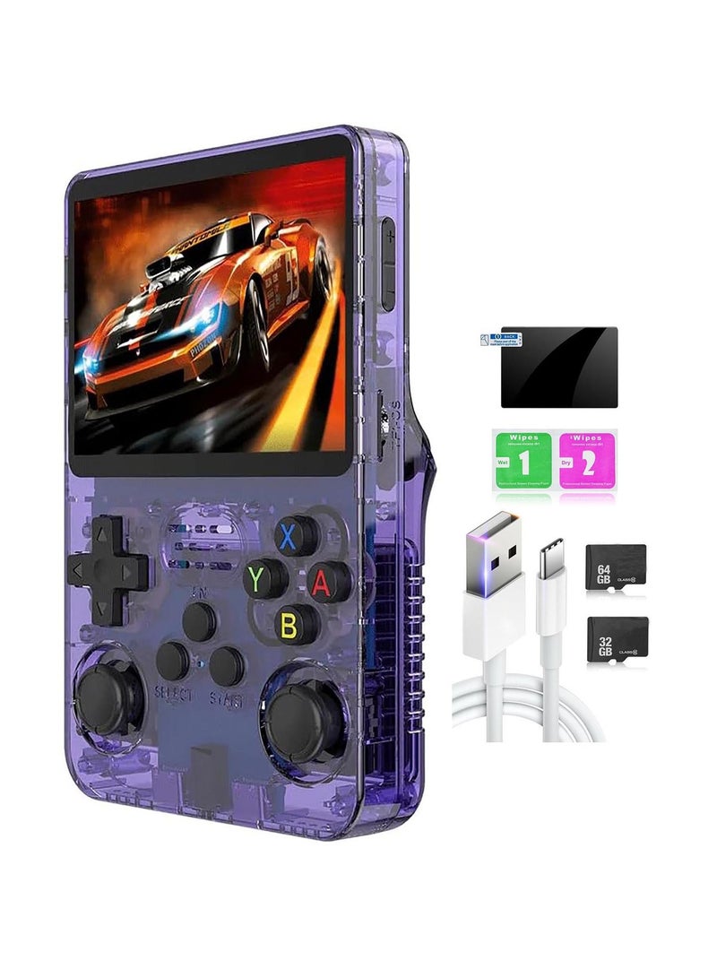 بينو جهاز ألعاب فيديو محمول R36S بتصميم كلاسيكي، شاشة عالية الدقة 3.5 بوصة، ذراعي تحكم ثلاثية الأبعاد، 11 محاكيًا، 64 جيجابايت، 15000 لعبة، لون بنفسجي. - Image 1