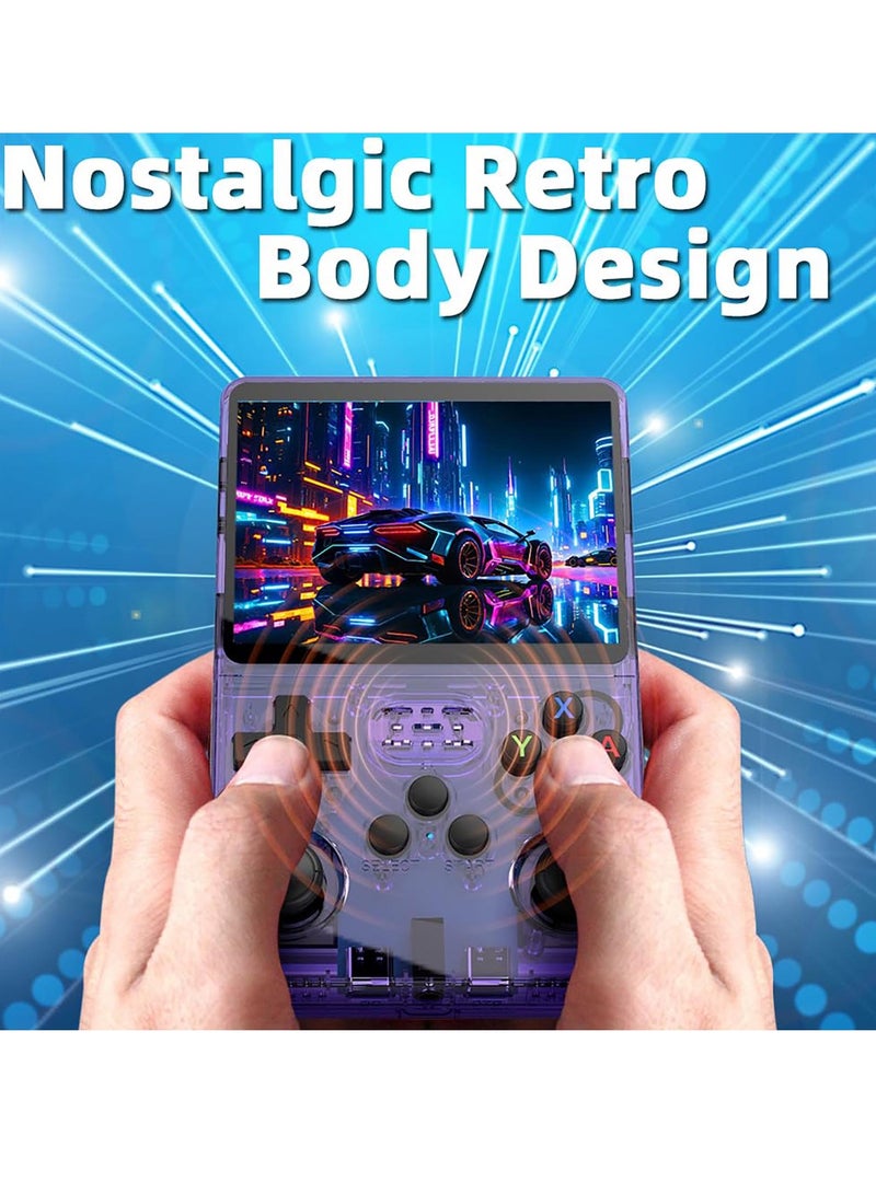 بينو جهاز ألعاب فيديو محمول R36S بتصميم كلاسيكي، شاشة عالية الدقة 3.5 بوصة، ذراعي تحكم ثلاثية الأبعاد، 11 محاكيًا، 64 جيجابايت، 15000 لعبة، لون بنفسجي. - Image 2